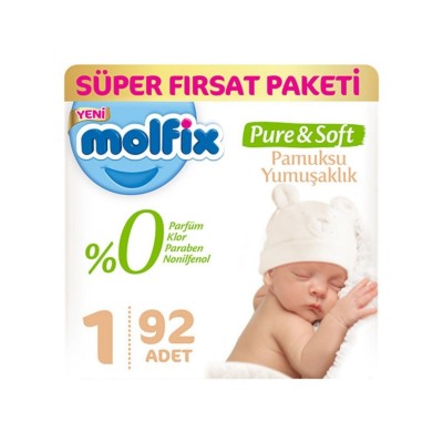 Molfix Pure&Soft 1 Beden Yenidoğan Süper Fırsat Paketi 92 Adet