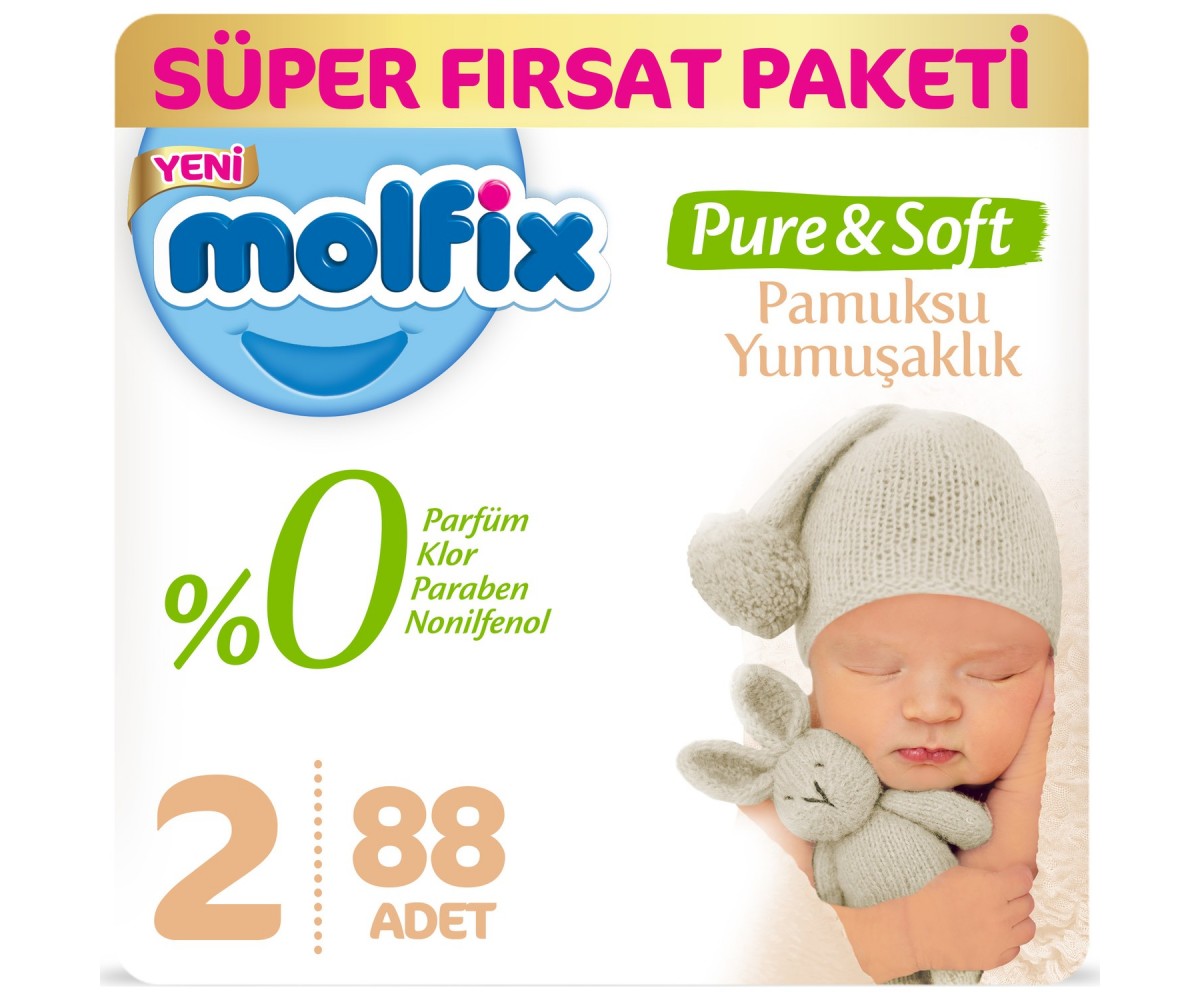 Molfix Pure&Soft 2 Beden Mini Süper Fırsat Paketi 88 Adet